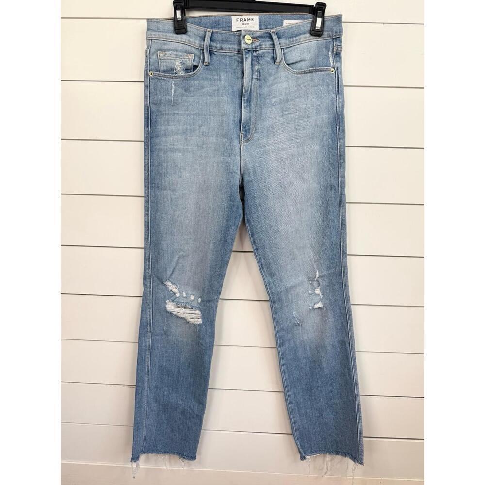 FRAME Le Sylvie Slender Straight Jeans Size 30 Light Blue Distressed Raw Hem